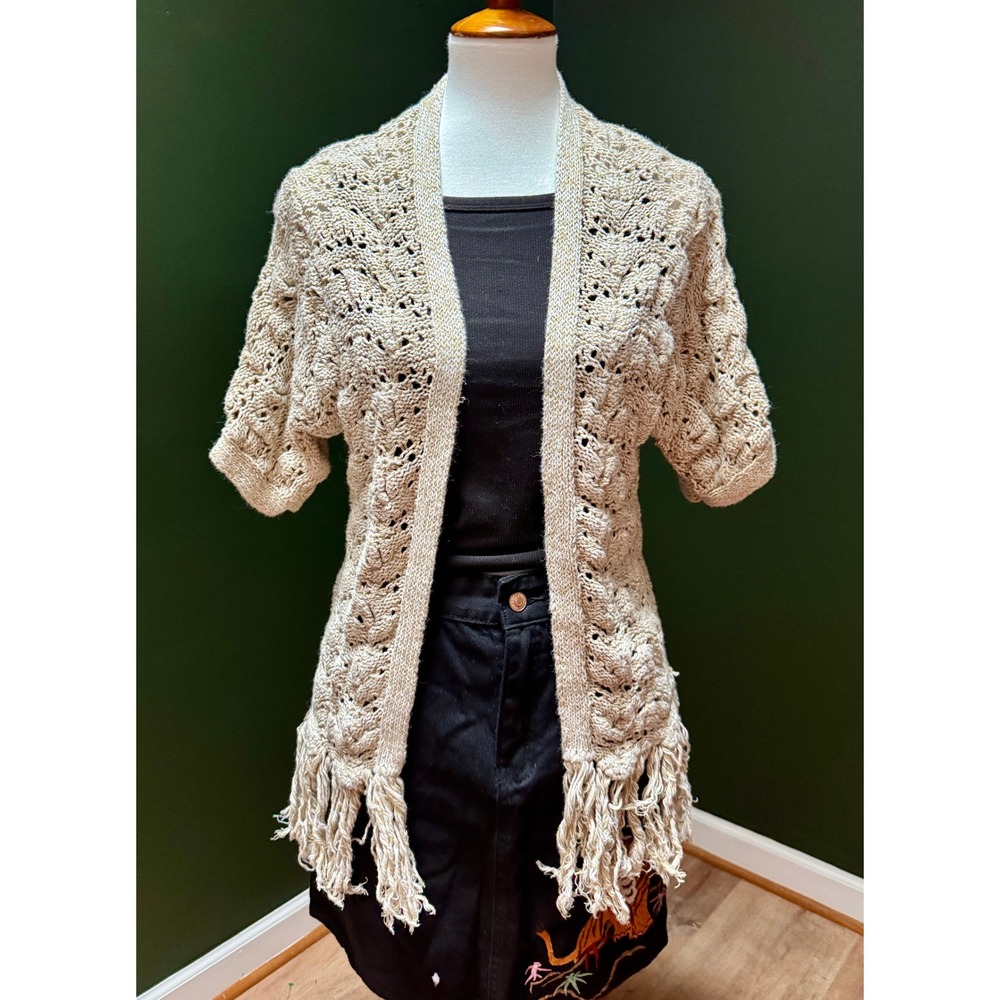American Eagle Crochet Fringe Short Sleeve Grandmacore Sweater Women's XS/S